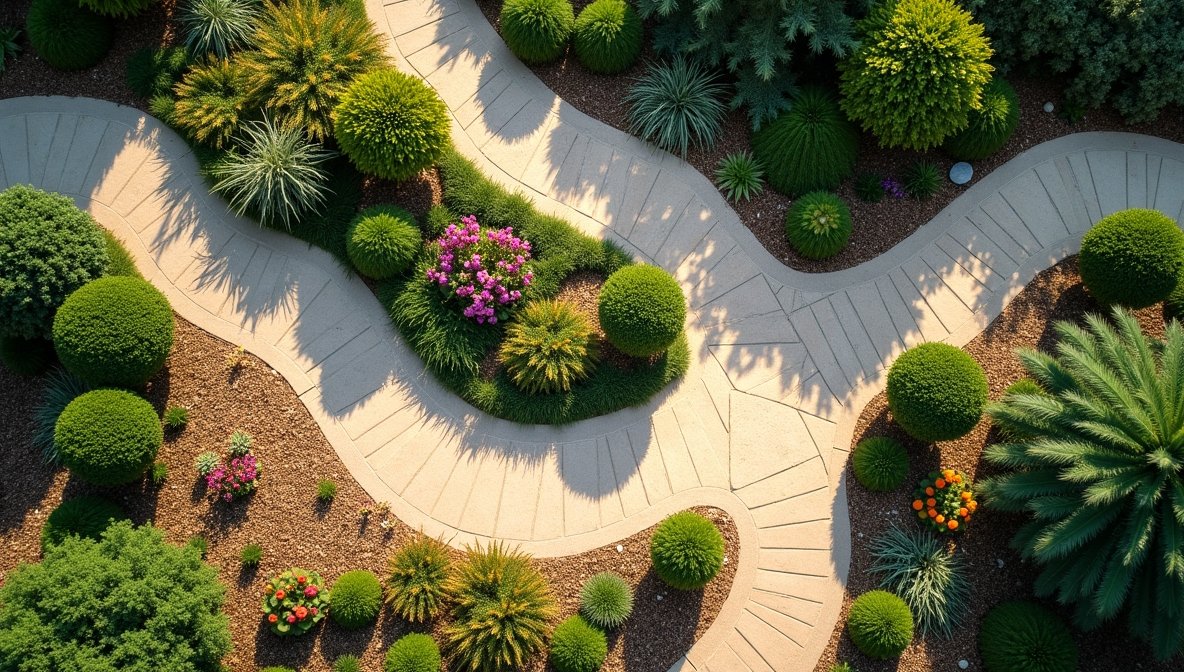 Abstract aerial view of a garden design showing flowing pathways and organic shapes